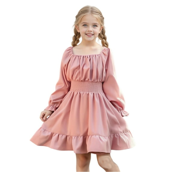 Abcomgle Girls Long Sleeve Dresses 10-12 Ruffle Smocked Puff Sleeve Girls Midi Dresses Cute Square Neck Sundresses Beach Tiered Skirt.11-12 Years