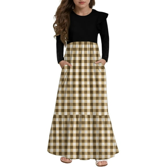 Abcomgle Girls Long Sleeve Dresses 7-8 Casual Patchwork Ruffle Sleeve Girls Long Dresses Plaid Crew Neck Sundresses Tiered Basic Dresses with Pockets,13-14 Years Earthy Yellow