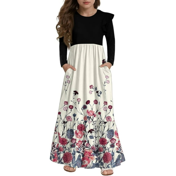 Abcomgle Girls Long Sleeve Dresses 7-8 Casual Patchwork Ruffle Sleeve Girls Long Dresses Vintage Floral Print Crew Neck Sundresses Flowy Tiered Dresses with Pockets,9-10 Years Beige