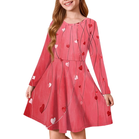 Abcomgle Girls Long Sleeve Dresses 7-8 Love Heart Valentines Dress Outfits Cute A-Line Long Sleeve T Shirt Dresses for Girls Funny Crewneck Swing Dress Clothes for Girls,