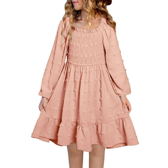 Abcomgle Girls Long Sleeve Dresses 7-8 Polka Dots Smocked Puff Sleeve Girls Midi Dresses Cute Sundresses Square Neck Tiered Flare Dresses.13-14 Years