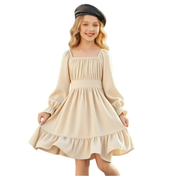 Abcomgle Girls Long Sleeve Dresses 7-8 Ruffle Smocked Puff Sleeve Girls Midi Dresses Cute Sundresses Square Neck Tiered Beach Dresses.5-6 Years