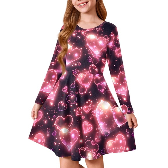 Abcomgle Girls Long Sleeve Dresses 8-9 Love Heart Valentines Dresses for Girls Cute A-Line Long Sleeve T Shirt Dresses for Girls Cute Crewneck Twirly Dress Clothes for Girls,