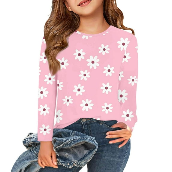 Abcomgle Girls Long Sleeve Shirts 10-12 Crewneck Fall Shirts for Girls Trendy Basic Girls Tops Cute Daisy Flower Print Blouses for Girls 6-7 Years,Pink