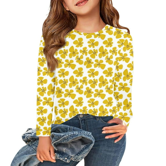 Abcomgle Girls Long Sleeve Shirts 10-12 Crewneck Fall Shirts for Kids Girls Casual Basic Girls Tops Trendy Floral Print Girls Blouses 9-10 Years,Yellow