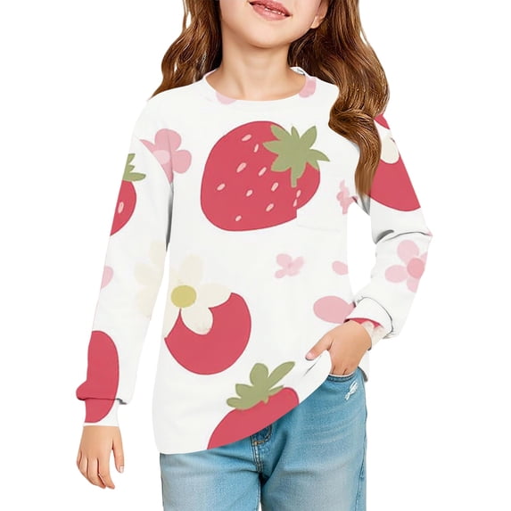 Abcomgle Girls Long Sleeve Shirts 10-12 Crewneck Winter T-Shirts for Kids Girls Trendy Basic Girls Tops Cotton Strawberry Graphic Girls Blouses with Pocket