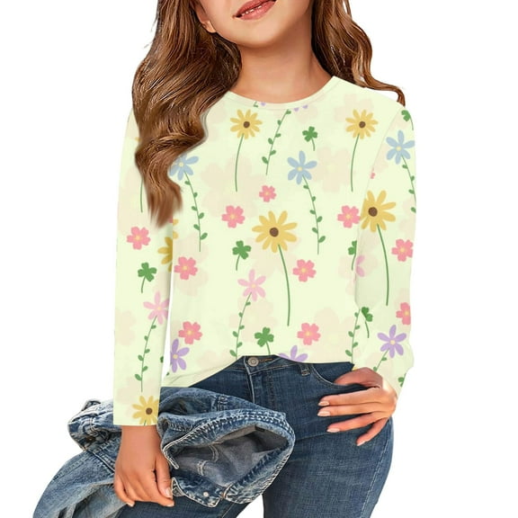Abcomgle Kids Long Sleeve Shirt Girls 7-8 Crewneck Winter Tshirts for Girls Trendy Basic Girls Tops Cute Floral Print Girls Tunic Tops 7-8 Years,Fluorescence Yellow