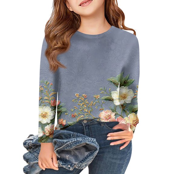 Abcomgle Girls Long Sleeve Shirts 7-8 Crewneck Spring T-Shirts for Kids Girls Casual Basic Girls Tops Cotton Vintage Floral Print Girls Sweatshirts,10-11Years,Light Green
