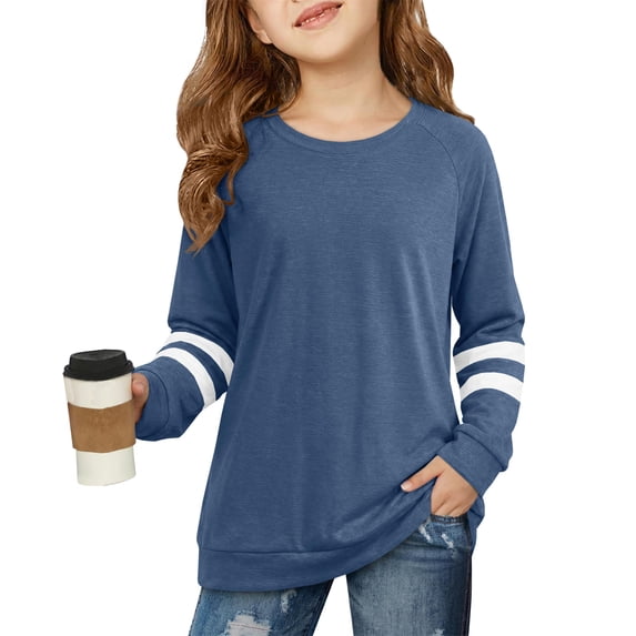 Abcomgle Girls Long Sleeve Shirts 7-8 Loose Striped Color Block Crewneck Shirts for Kids Girls Fall Basic Top for Girls Cute Girls Blouses