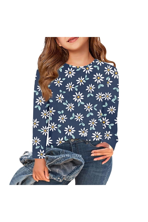 Girls Shirts Long Sleeve 7-8 Trendy Daisy Flower Print Crewneck Tee for Girls Fall Basic Girls Tops Cute Blouses for Girls 7-8 Years,Dark Blue
