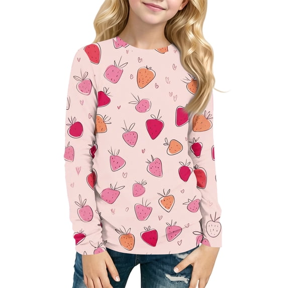 Abcomgle Girls Long Sleeve Shirts Size 6 Crewneck Fall Tee for Girls Casual Basic Top for Girls Cute Strawberry Graphic Blouses for Girls