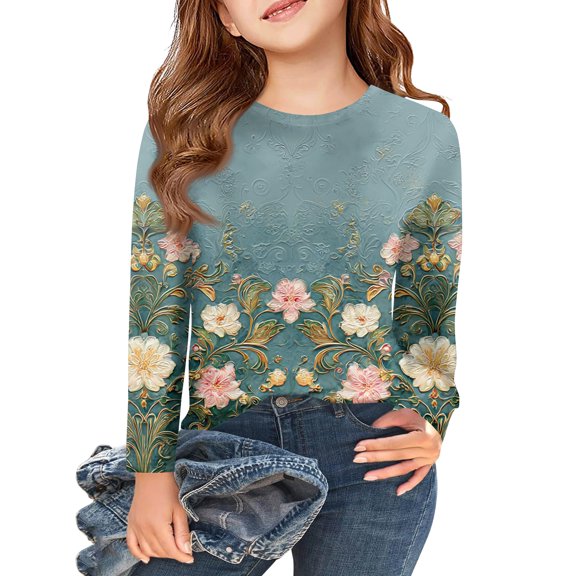 Abcomgle Girls Long Sleeve Shirts Size 6 Crewneck Winter Shirts for Kids Girls Casual Basic Girls Tops Trendy Vintage Floral Print Blouses for Girls,8-9Years,Royal Blue