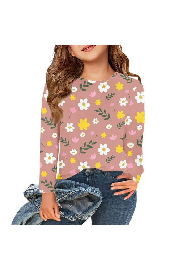 Girls Long Sleeve Shirts Size 6 Trendy Daisy Flower Print Crewneck T Shirts for Girls Winter Basic Girls Tops Trendy Girls Sweatshirts 8-9 Years,Khaki
