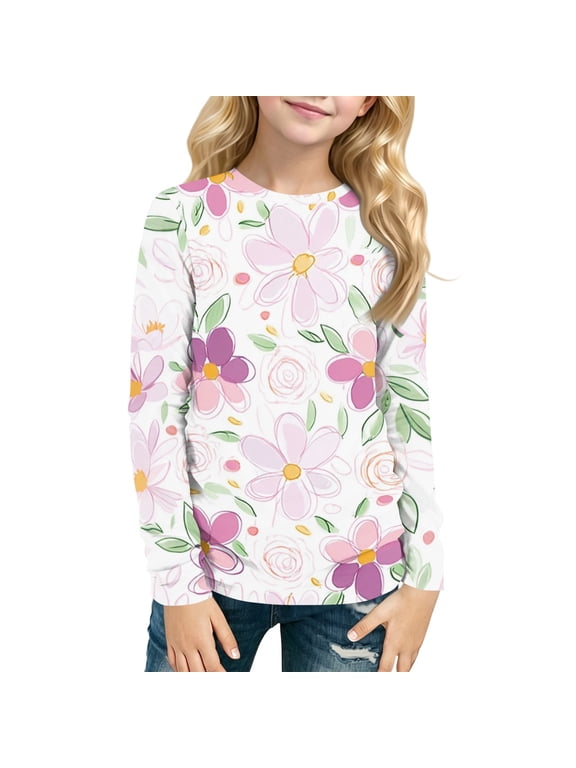 Girls Long Sleeve Shirts Size 6 Trendy Floral Print Crewneck Tshirts for Girls Fall Basic Girls Tops Cotton Girls Blouses
