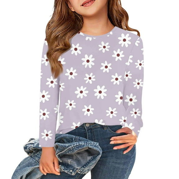 Abcomgle Girls Long Sleeve T Shirts 10-12 Casual Daisy Flower Print Crewneck Tee for Girls Fall Basic Top for Girls Cotton Girls Sweatshirts 6-7 Years,Light Purple