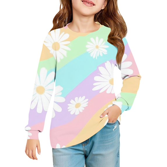 Abcomgle Girls Long Sleeve T Shirts Size 6-7 Crewneck Fall Shirts for Kids Girls Trendy Basic Girls Tops Cotton Daisy Floral Print Girls Tunic Tops with Pocket