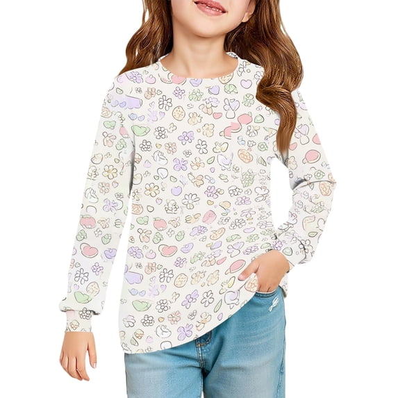 Abcomgle Girls Long Sleeve T Shirts Size 6-7 Crewneck Fall T-Shirts for Girls Trendy Basic Top for Girls Trendy Floral Print Blouses for Girls with Pocket