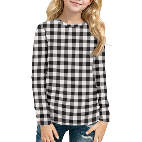 Abcomgle Girls Long Sleeve T Shirts Size 6-7 Crewneck Winter T-Shirts for Girls Casual Basic Girls Tops Cotton Plaid Girls Blouses