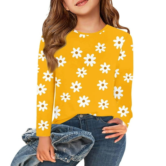 Abcomgle Girls Long Sleeve T Shirts Size 6-7 Crewneck Winter Tshirts for Girls Casual Basic Top for Girls Loose Daisy Flower Print Blouses for Girls 7-8 Years,Army Green