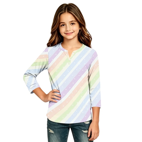Abcomgle Girls Long Sleeve T Shirts Size 6-7 Henley Button Winter T Shirts for Girls Casual Basic Top for Girls Trendy Rainbow Striped Girls Tunic Tops