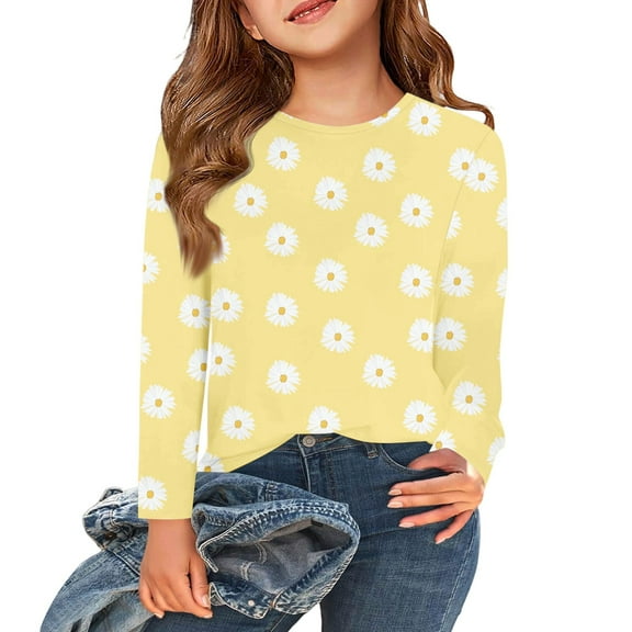 Abcomgle Girls Long Sleeve Tops 7-16 Crewneck Fall Shirts for Kids Girls Trendy Basic Top for Girls Trendy Daisy Flower Print Girls Sweatshirts 11-12 Years,Earthy Yellow