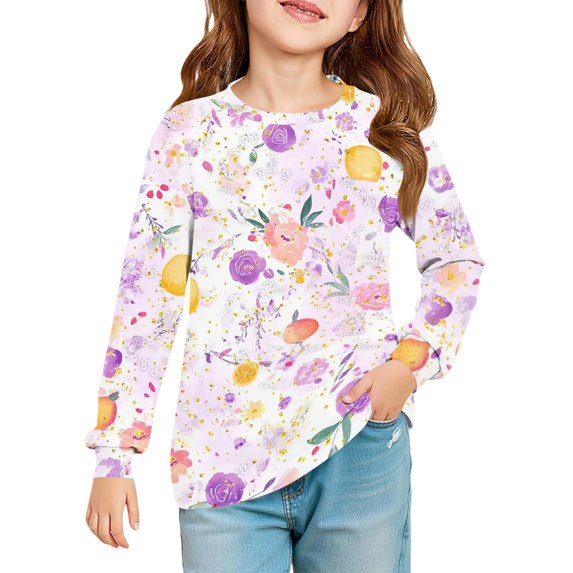 Abcomgle Girls Long Sleeve T Shirts Size 6-7 Trendy Floral Print Crewneck Shirts for Kids Girls Winter Basic Girls Tops Cotton Girls Tunic Tops with Pocket