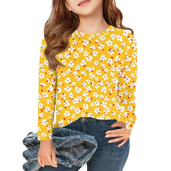 Abcomgle Girls Long Sleeve T Shirts Size 6-7 Trendy Floral Print Crewneck Tshirts for Girls Fall Basic Top for Girls Cotton Girls Sweatshirts 7-8 Years,Yellow