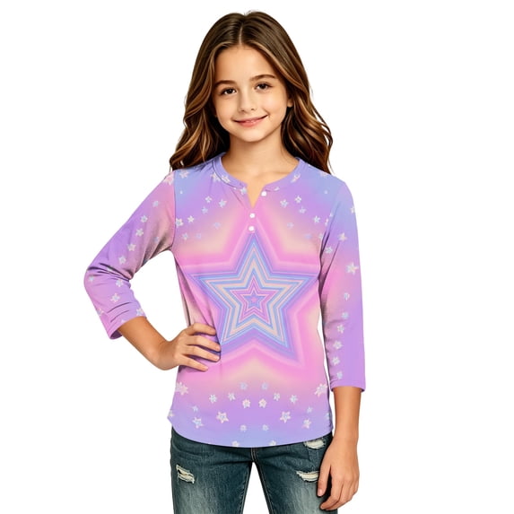 Abcomgle Girls Long Sleeve T Shirts Size 7-8 Casual Stars Graphic Henley Button Shirts for Kids Girls Fall Basic Top for Girls Cotton Blouses for Girls