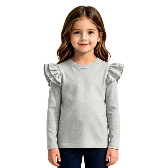 Abcomgle Girls Long Sleeve T Shirts Size 7-8 Double Layer Ruffle Sleeve Crewneck Winter T-Shirts for Girls Casual Basic Girls Tops Trendy Solid Color Girls Blouses