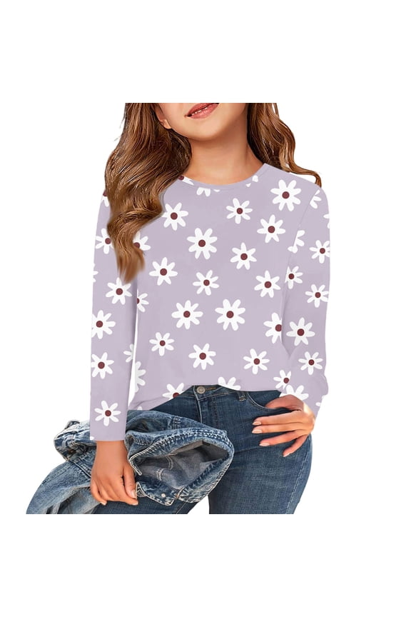 Girls Long Sleeve T Shirts Size 7-8 Trendy Daisy Flower Print Crewneck T-Shirts for Kids Girls Winter Basic Top for Girls Cute Girls Tunic Tops 8-9 Years,Light Purple