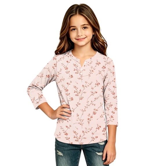 Abcomgle Girls Long Sleeve Tops 10-12 Casual Floral Print Henley Button T-Shirts for Kids Girls Fall Basic Top for Girls Trendy Blouses for Girls