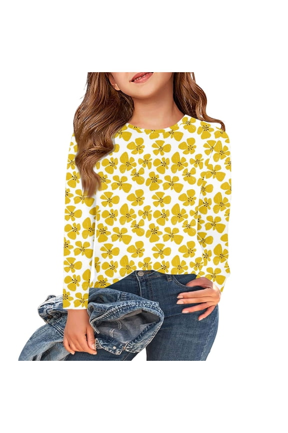 Girls Long Sleeve Tops 10-12 Crewneck Winter Tee for Girls Trendy Basic Top for Girls Trendy Floral Print Girls Tunic Tops 7-8 Years,Yellow