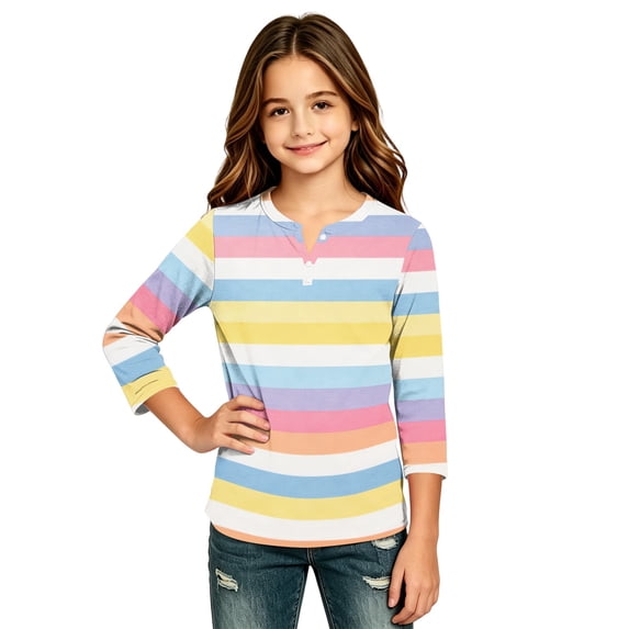 Abcomgle Girls Long Sleeve Tops 7-16 Casual Rainbow Striped Henley Button Tshirts for Girls Fall Basic Girls Tops Trendy Blouses for Girls