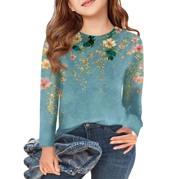 Abcomgle Girls Long Sleeve Tops 7-16 Casual Vintage Floral Print Crewneck Shirts for Girls Winter Basic Top for Girls Cute Blouses for Girls,2-3Years,Blue