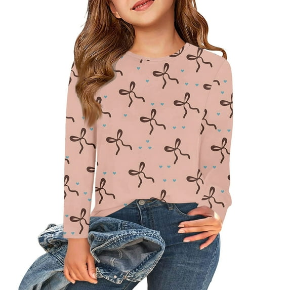 Abcomgle Girls Long Sleeve Tops 7-16 Crewneck Winter Shirts for Kids Girls Trendy Basic Girls Tops Cotton Bow Graphic Girls Blouses 7-8 Years,Pink