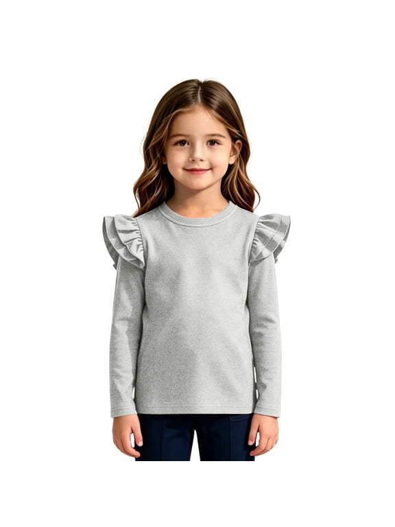 Girls Long Sleeve Tops 7-16 Double Layer Ruffle Sleeve Crewneck Fall Tee for Girls Trendy Basic Top for Girls Cotton Solid Color Blouses for Girls