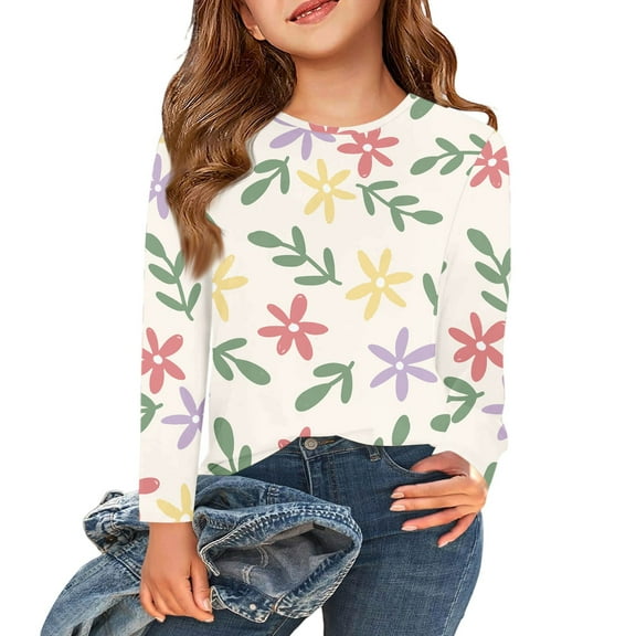 Abcomgle Girls Long Sleeve Tops 7-16 Trendy Floral Print Crewneck Shirts for Kids Girls Winter Basic Top for Girls Cotton Girls Tunic Tops 7-8 Years,Saffron