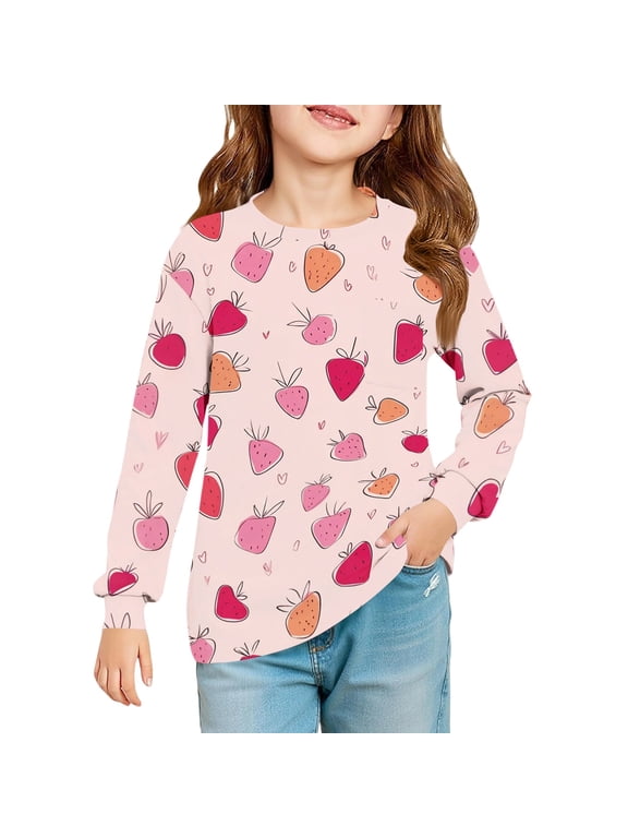 Girls Long Sleeve Tops 7-16 Trendy Strawberry Graphic Crewneck Tee for Girls Winter Basic Girls Tops Loose Girls Tunic Tops with Pocket