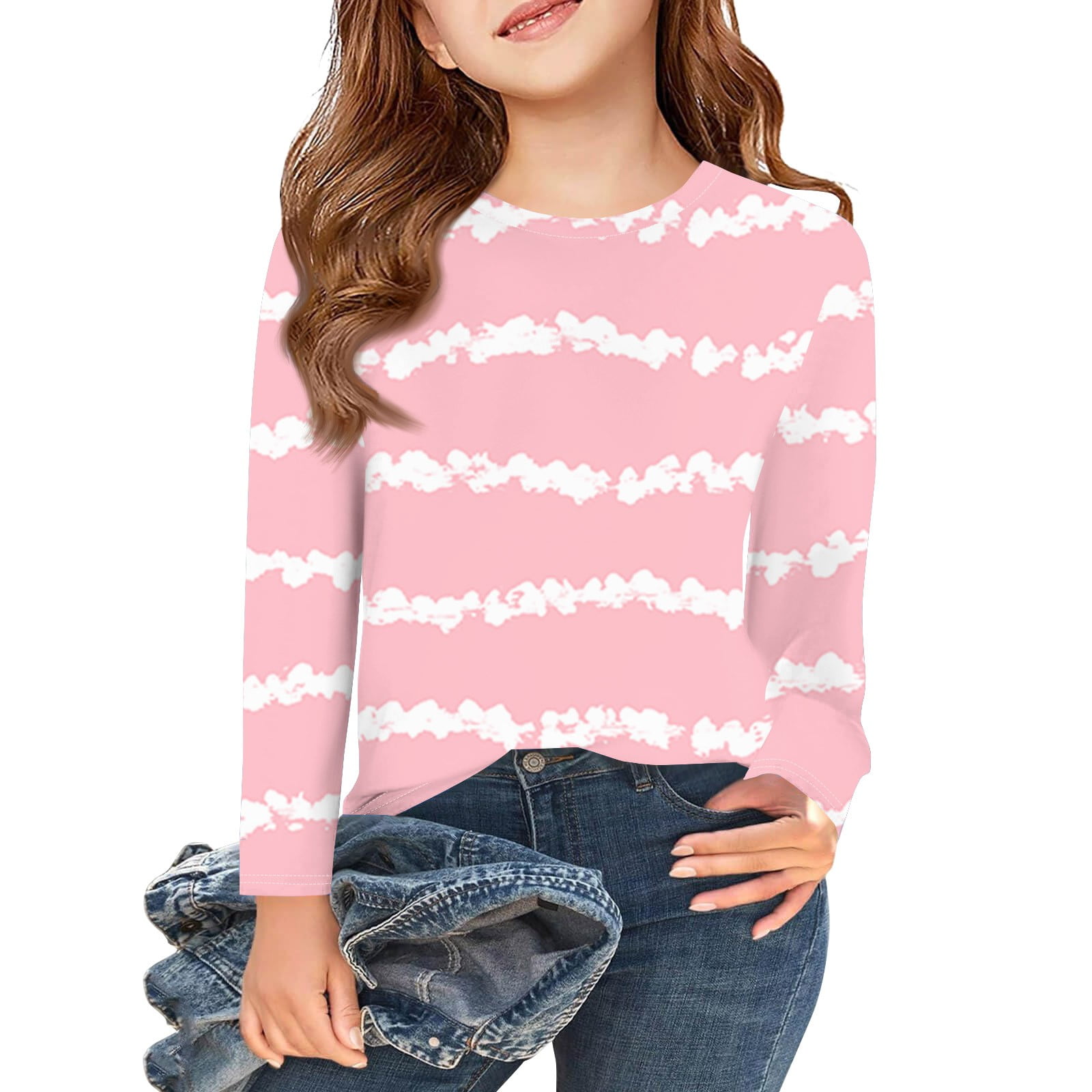 Abcomgle Girls Long Sleeve Tops 7-16 Trendy Striped Colorblock Crewneck ...