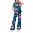 thumbnail image 1 of Abcomgle Girls Lounge Sets 4-16 Girls 2 Piece Outfits Hawaiian Floral Print Short Sleeve Shirts and Wide Leg Pants Set Cute Preppy Girls Activewear Sets,7-8 Years, 1 of 4