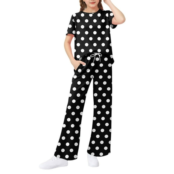 Abcomgle Girls Lounge Sets 4-16 Girls 2 Piece Outfits Polka Dot Short Sleeve T Shirts and Wide Leg Pants Set Cute Preppy Summer Sets for Girls,4-5 Years