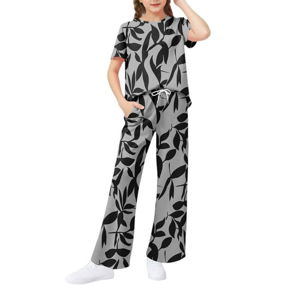 Abcomgle Girls Lounge Sets 4-16 Girls 2 Piece Outfits Vintage Floral Print Short Sleeve T-Shirts and Wide Leg Pants Set Cute Preppy Summer Sets for Girls,13-14 Years