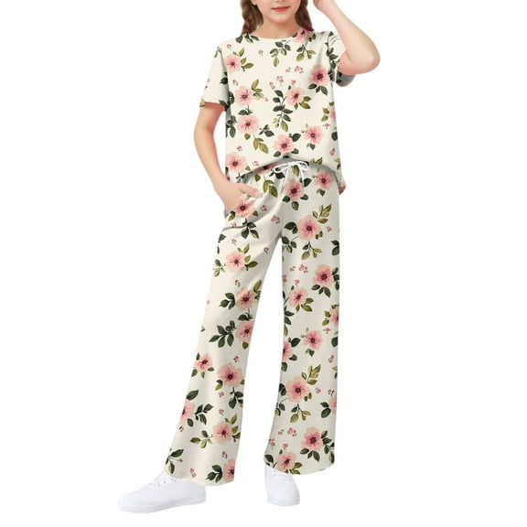 Abcomgle Girls Lounge Sets 4-16 Girls Two Piece Outfits Floral Print Short Sleeve T Shirts and Wide Leg Pants Set Cute Trendy Girls Lounge Set,11-12 Years