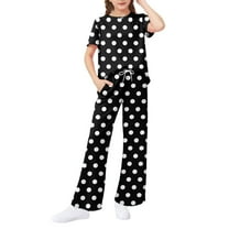 Abcomgle Girls Lounge Sets Size 10-12 Girls 2 Piece Outfits Polka Dot Short Sleeve Tee Top and Wide Leg Pants Set Cute Casual Girls Activewear Sets,13-14 Years
