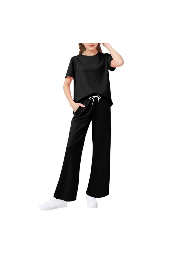 Girls Lounge Sets Size 10-12 Girls 2 Piece Outfits Solid Short Sleeve T Shirts and Wide Leg Pants Set Cute Preppy Girls Activewear Sets,4-5 Years