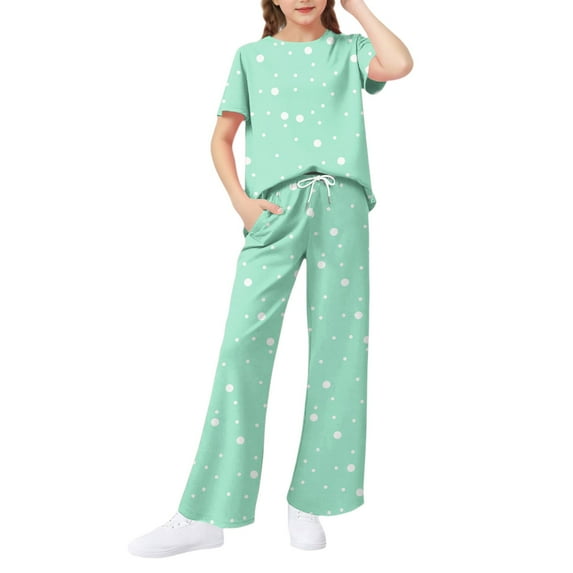 Abcomgle Girls Lounge Sets Size 7-8 Girls 2 Piece Outfits Polka Dot Short Sleeve Tee Top and Wide Leg Pants Set Cute Preppy Summer Sets for Girls,7-8 Years