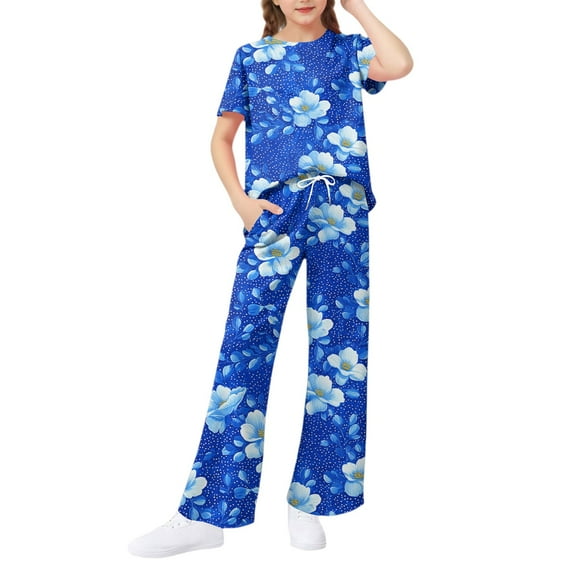 Abcomgle Girls Lounge Sets Size 7-8 Girls Two Piece Outfits Vintage Floral Print Short Sleeve Shirts and Wide Leg Pants Set Cute Casual Girls Activewear Sets,5-6 Years