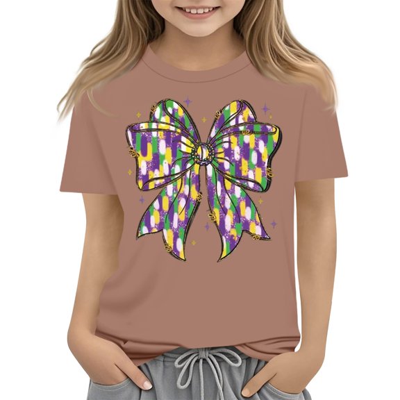 Abcomgle Girls Mardi Gras Shirts 10-12 Carnival Purple Green Yellow Bow T-Shirts for Kid Girls Crewneck Short Sleeve Shirts for Kids Spring Funny Holiday Tee Top Girls