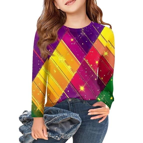 Abcomgle Girls Mardi Gras Shirts Size 14 Carnival New Orleans T-Shirts for Girls Crewneck Long Sleeve Shirts for Kids Girls Parade Funny Party Blouses for Girls,4-5Years,Purple