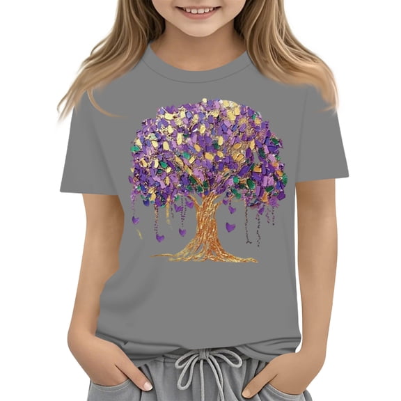 Abcomgle Girls Mardi Gras Shirts Size 6 Carnival Purple Green Yellow Tree T-Shirts for Girls Crewneck Short Sleeve T Shirts for Girls Spring Funny Parade Tee Top Girls